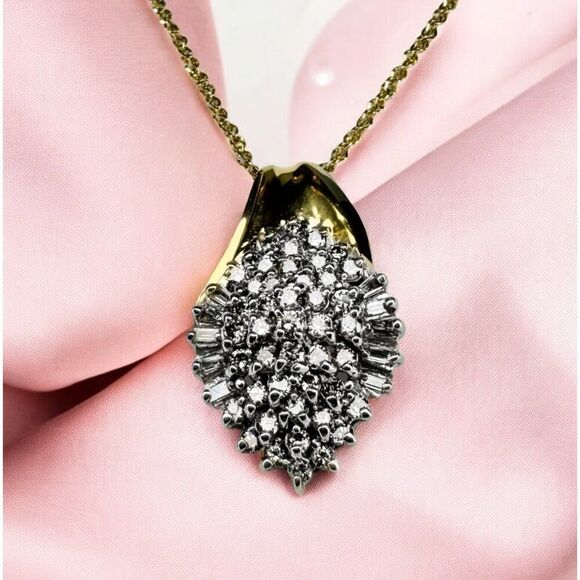 VINTAGE- 14K Gold- 2CT Natural Diamond Necklace -17"-Cluster Round Baguette-2.5g - Picture 1 of 16
